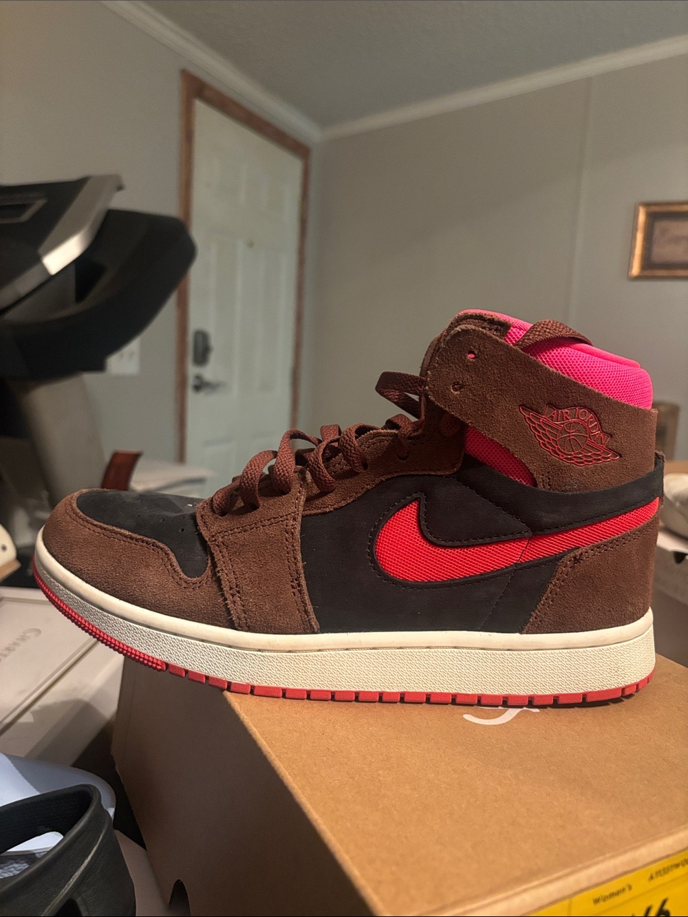 Nike Women's Brown and Pink High-Top Sneakers with Red Swoosh